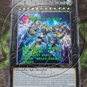 May include: A blue and gold card featuring a large image of a robot. The card is titled "Oricalcosteam" and includes the text "FOR SPECIAL COUPON -FOLLOW IG -COMMENT POST (WITH "HELLO THERE") -ENJOY". It is a "MACHINE/XYZ/EFFECT" card with an attack power of 3000 and a defence power of 3000.