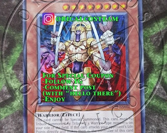 May include: A red, white, and gold card with a warrior-like figure holding two swords. The card is titled "Oricalcosteam" and has the text "FOR SPECIAL COUPON -FOLLOW IG -COMMENT POST (WITH "HELLO THERE") -ENJOY" on it. The card is from the "Yu-Gi-Oh! Trading Card Game".