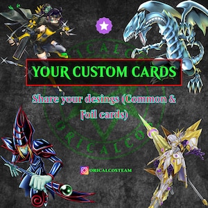 Può includere: Una pubblicità per carte personalizzate con quattro diversi personaggi anime. Il testo "YOUR CUSTOM CARDS" è visualizzato in verde. La pubblicità include anche il testo "Share your designs (Common & Foil cards)" e un nome utente di Instagram.