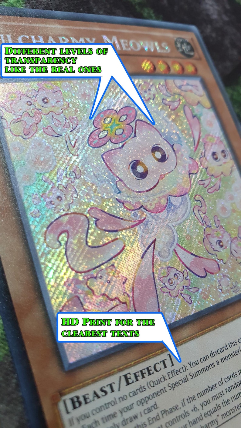 May include: A holographic trading card titled Lil Charmy Meowls featuring a central cat character with pink and white fur, surrounded by smaller cat figures, with text overlays stating Different levels of transparency like the real ones and HD print for the clearest texts.