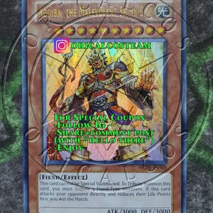 Puede incluir: Una carta de intercambio con una ilustración roja y dorada de un guerrero con una corona y una lanza. La carta se titula "Giba, el Espíritu Malévolo". El texto de la carta dice "Esta carta no puede ser Invocada de Modo Especial. Para Invocar esta carta por Sacrificio, debes Sacrificar monstruos de Tipo Demonio. Si esta carta ataca directamente a tu oponente y reduce sus Puntos de Vida a 0, ganas el Duelo."