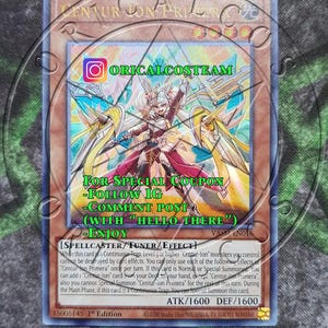 May include: A trading card for the "Centurion Primera" monster from the Yu-Gi-Oh! Trading Card Game. The card is a Spellcaster/Tuner/Effect monster with an attack and defence of 1600. The card art features a female character in a red and white outfit with a golden halo. The card text includes instructions for using the card's special abilities.