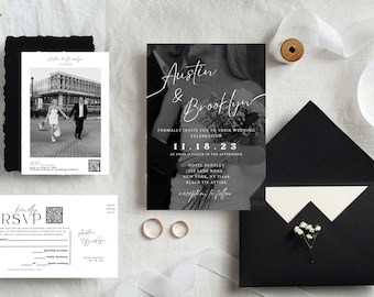 May include: Black and white wedding invitation with a photo of the couple, the text "Austin & Brooklyn", the date "11.18.23", and the location "Hotel Bentley, 123 Lane Road, New York, NY 71448".