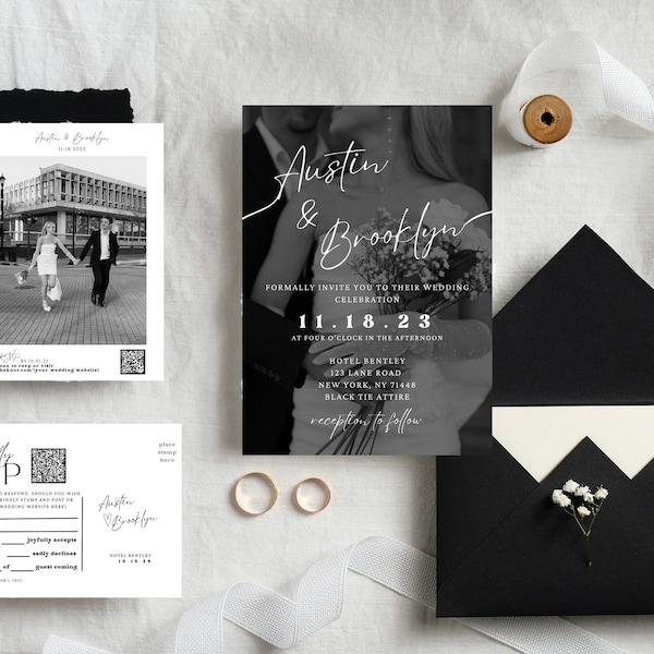 Luxury Black and White Wedding Invites, Classy Wedding Invitation, Customizable Wedding Invitation,Wedding Invitation Suites, Canva Template