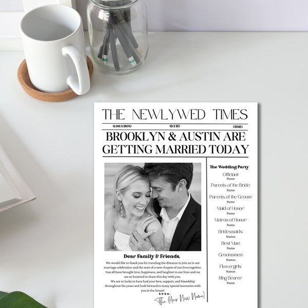 Journal de mariage chic, modèle de journal Canva personnalisable, modèle de newsletter, bricolage de mariage