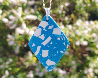 Terrazzo Pendant | Modern Necklace | Sterling Silver | Blue and White | Geometric Jewellery | Gifts for Her UK