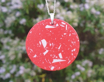 Terrazzo Pendant | Modern Necklace | Sterling Silver | Red and White | Geometric Jewellery | Gifts for Her UK