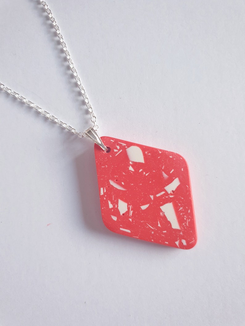 Sterling Silver Red and White Terrazzo Pendant Modern Necklace Geometric Jewellery Gifts for Her UK