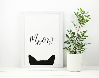 Meow Cat Ears Print | Modern Calligraphy Wall Art | Unframed Home Decor | A5 A4 A3 | Bedroom Living Room Lounge Dining