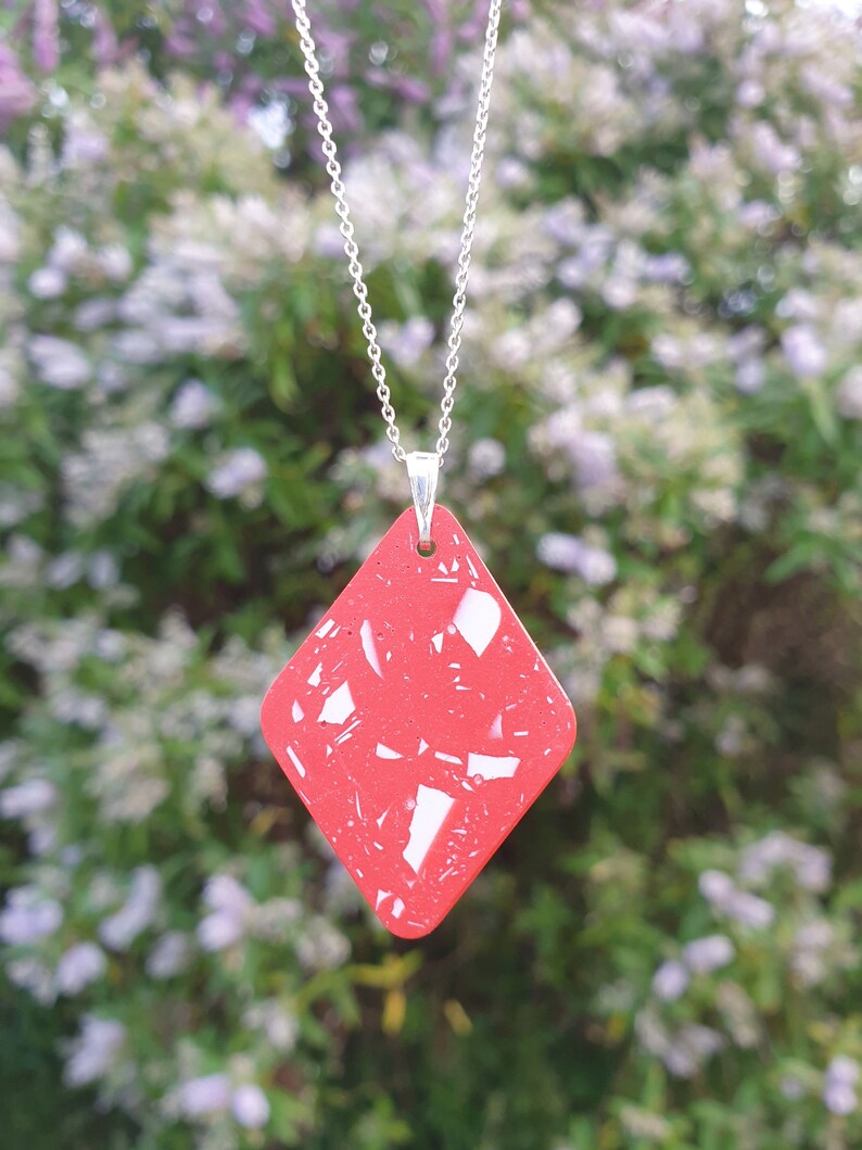 Sterling Silver Red and White Terrazzo Pendant Modern Necklace Geometric Jewellery Gifts for Her UK