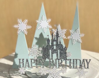 Elsa style Snow flake tree and Castle Happy birthday cake topper