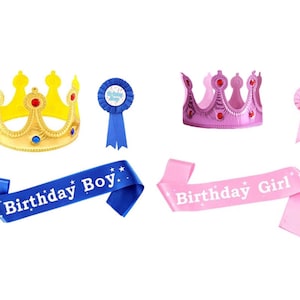 Birthday crown, sash, badge for boy and girl