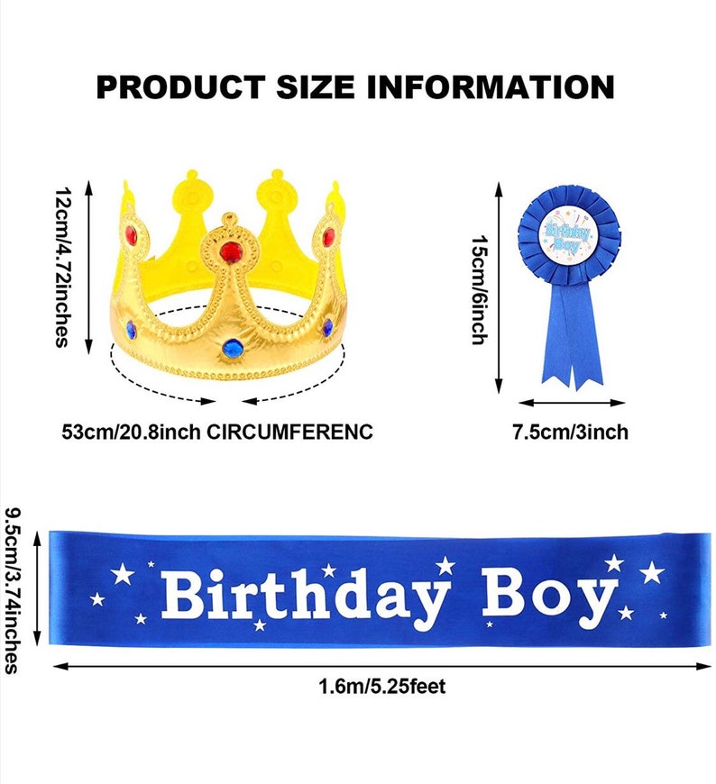 Puede incluir: Un conjunto de fiesta de cumplea&ntilde;os azul y dorado para un ni&ntilde;o. El conjunto incluye una corona, una banda y una insignia. La corona mide 12 cm de alto y tiene una circunferencia de 53 cm. La banda mide 9,5 cm de ancho y 1,6 m de largo. La insignia mide 15 cm de alto y 7,5 cm de ancho. La banda tiene el texto "Birthday Boy" impreso en ella.