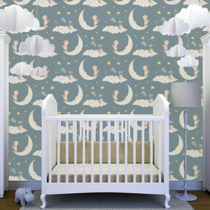 Teddy Bear nursery Wallpaper/Teddy Bear, moon and stars Nursery peel and stick wallpaper/self adhesive  wallpaper