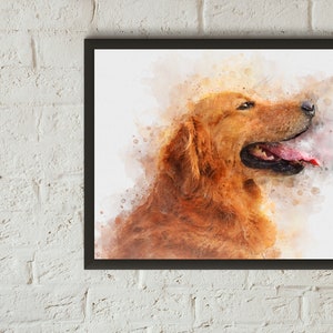 May include: Watercolor painting of a golden retriever dog with its tongue out, set against a white background.