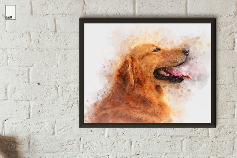 May include: Watercolor painting of a golden retriever dog with its tongue out, set against a white background.