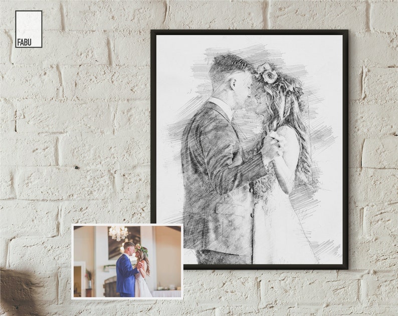 May include: A black and white pencil sketch of a couple dancing. The couple is dressed in formal attire and is looking at each other. The sketch is framed in a black frame.