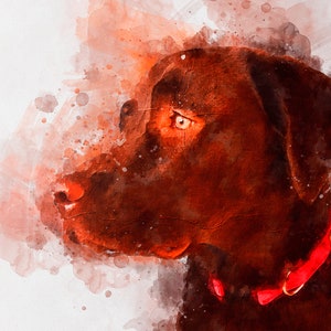 May include: A watercolor painting of a brown dog with a red collar. The dog's head is turned to the side, and its eyes are closed. The background is a soft, abstract watercolor wash in shades of orange and pink.