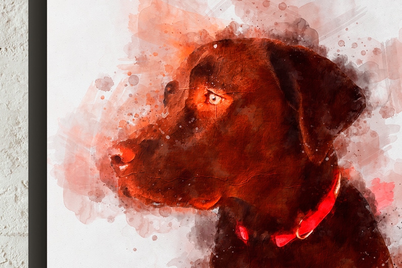 May include: A watercolor painting of a brown dog with a red collar. The dog's head is turned to the side, and its eyes are closed. The background is a soft, abstract watercolor wash in shades of orange and pink.