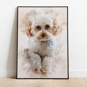 May include: A watercolor painting of a white and brown dog with a blue collar. The dog is sitting and looking at the camera. The background is a light brown color with watercolor splatters.