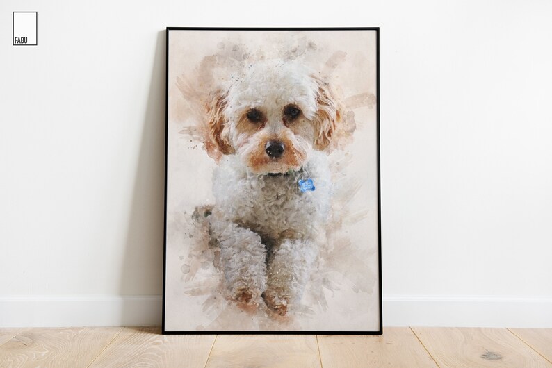 May include: A watercolor painting of a white and brown dog with a blue collar. The dog is sitting and looking at the camera. The background is a light brown color with watercolor splatters.