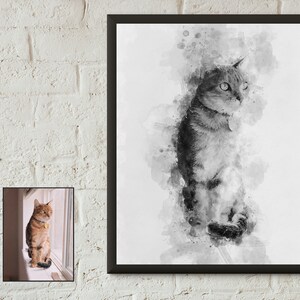 May include: A black and white watercolor painting of a cat sitting on a white background. The cat is looking to the right and has a watercolor effect around it.