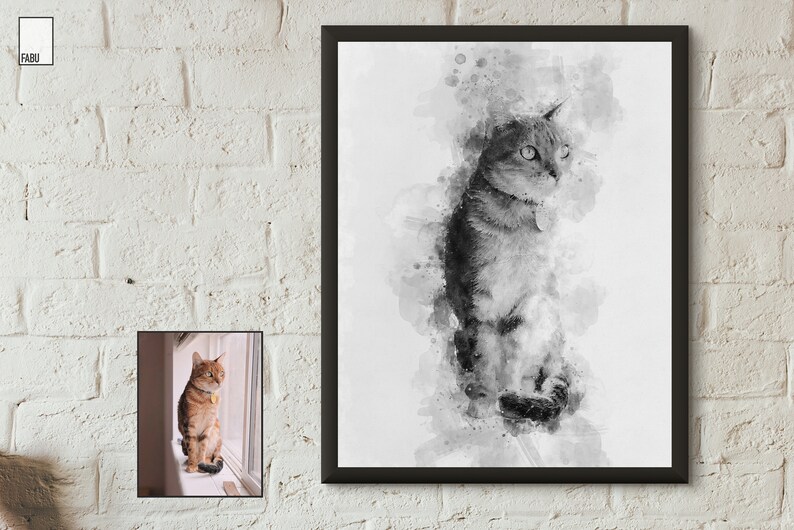 May include: A black and white watercolor painting of a cat sitting on a white background. The cat is looking to the right and has a watercolor effect around it.