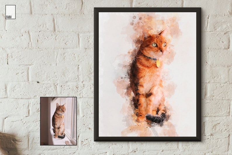 May include: Watercolor painting of a ginger cat with green eyes, sitting on a windowsill. The cat is wearing a collar with a tag. The background is a soft watercolor wash of pink and orange.