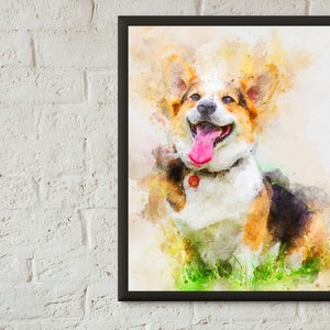 May include: Watercolor painting of a happy corgi dog with its tongue sticking out. The dog is sitting in a field of green grass. The painting is done in a soft, muted color palette.
