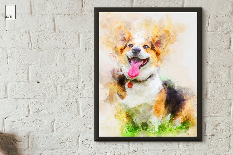 May include: Watercolor painting of a happy corgi dog with its tongue sticking out. The dog is sitting in a field of green grass. The painting is done in a soft, muted color palette.