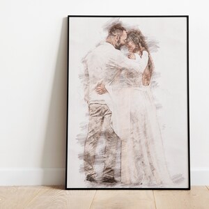 May include: A black and white pencil sketch of a couple embracing. The man is wearing a white shirt and khaki pants. The woman is wearing a white dress. The couple is standing against a white background.