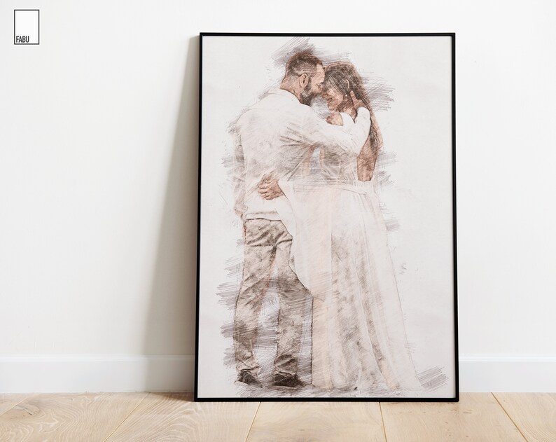 May include: A black and white pencil sketch of a couple embracing. The man is wearing a white shirt and khaki pants. The woman is wearing a white dress. The couple is standing against a white background.