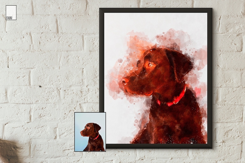 May include: Watercolor painting of a brown Labrador Retriever dog with a red collar. The dog is looking to the left of the image. The background is a light wash of orange and pink.