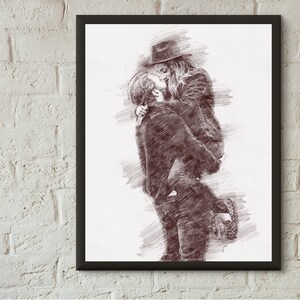 May include: A pencil sketch of a couple embracing. The woman is wearing a hat and the man is holding her close. The sketch is done in shades of brown and white.