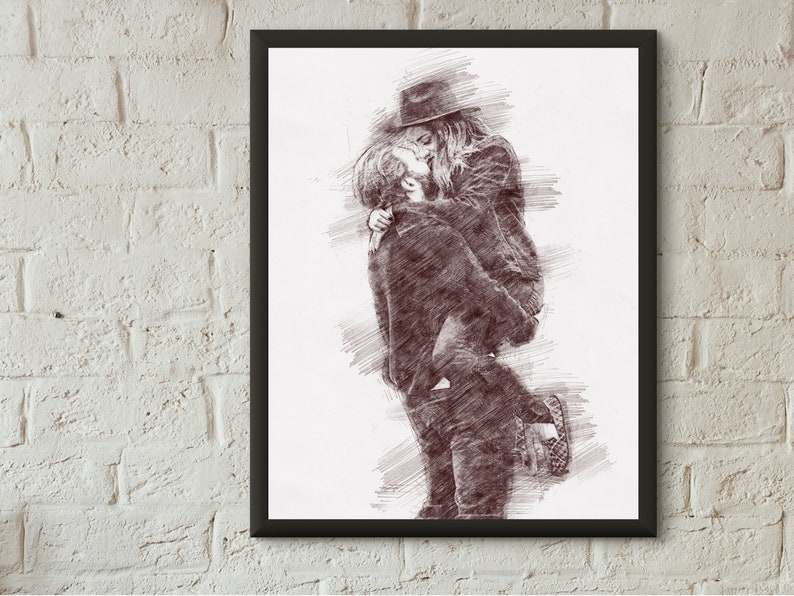 May include: A pencil sketch of a couple embracing. The woman is wearing a hat and the man is holding her close. The sketch is done in shades of brown and white.