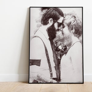 May include: A black and white pencil sketch of a couple embracing. The man has a beard and is wearing glasses. The woman is holding a bouquet of flowers.