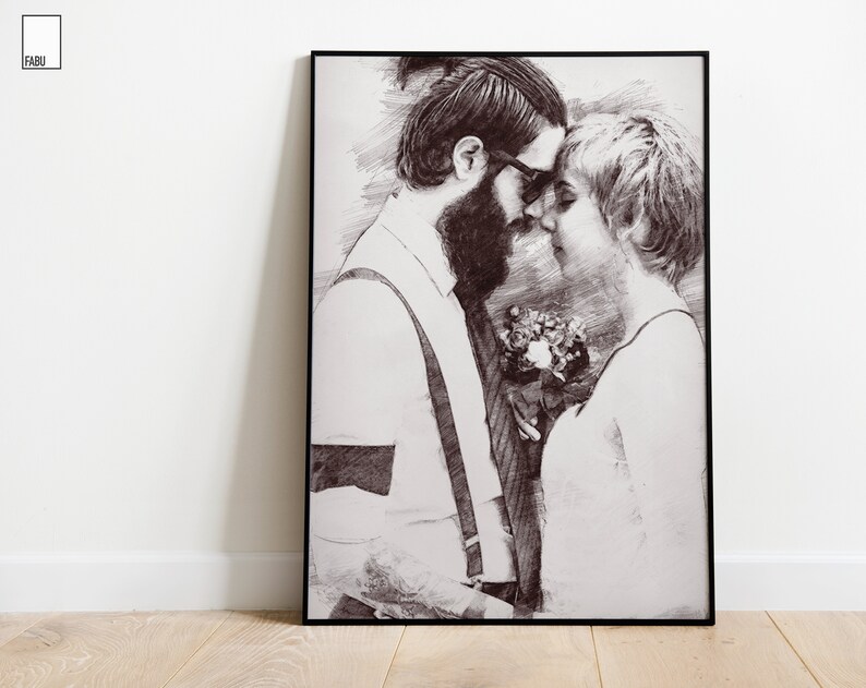 May include: A black and white pencil sketch of a couple embracing. The man has a beard and is wearing glasses. The woman is holding a bouquet of flowers.