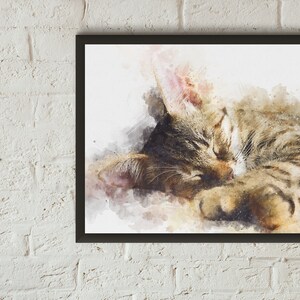 May include: A watercolor painting of a tabby cat sleeping. The cat is curled up on its side with its paws tucked under its chin. The background is a soft, muted color.