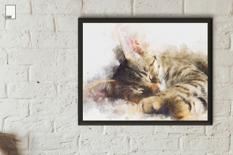 May include: A watercolor painting of a tabby cat sleeping. The cat is curled up on its side with its paws tucked under its chin. The background is a soft, muted color.