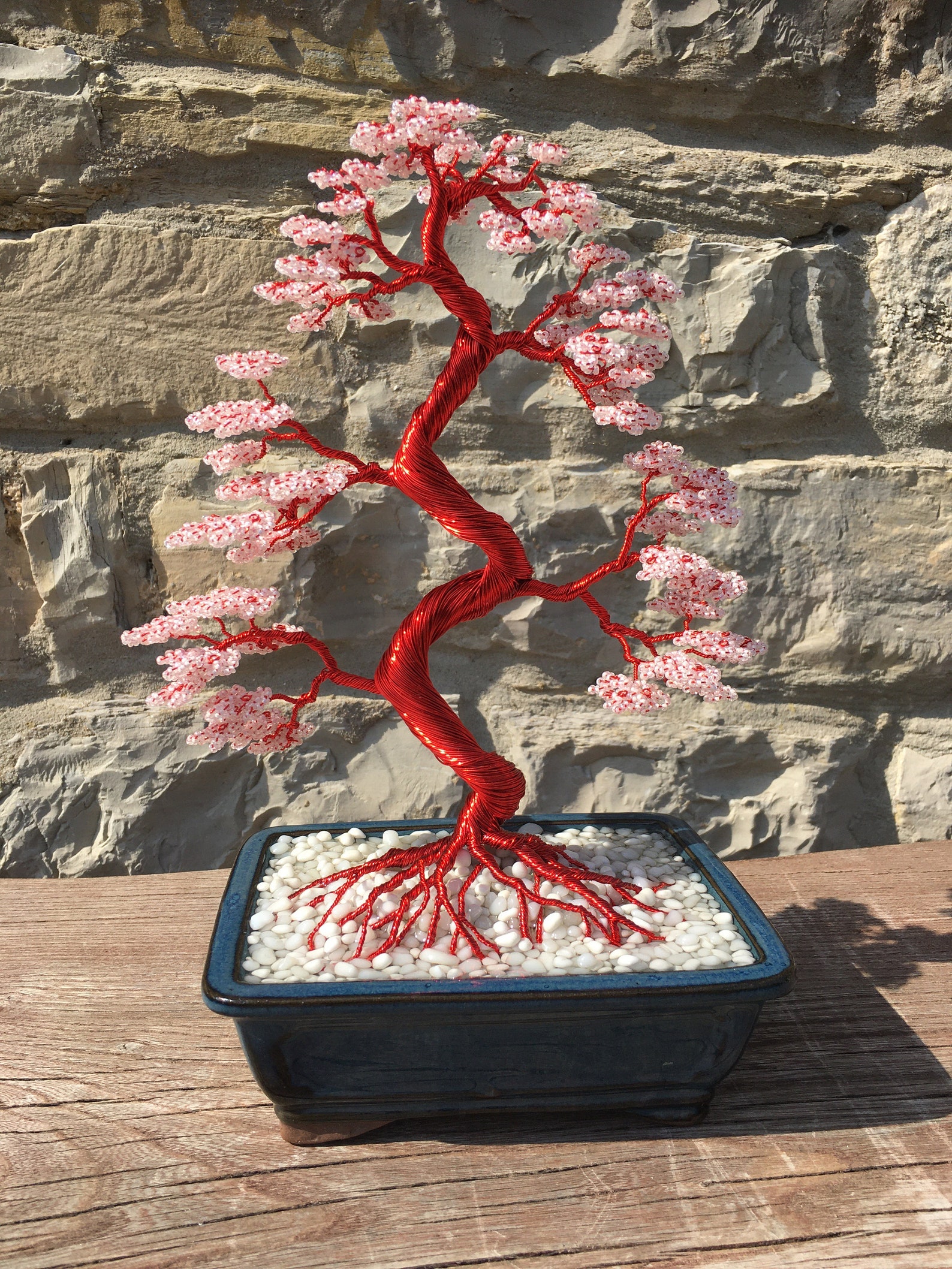 Handmade Red Cherry Blossom Beaded Wire Bonsai Tree Sculpture Etsy UK
