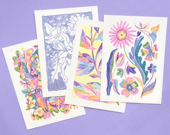 FLORAL riso cards A6, set of 4