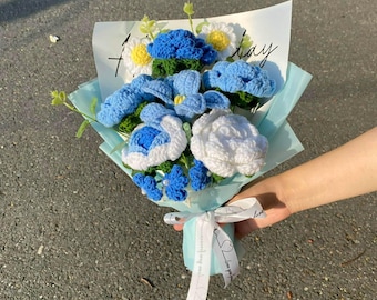Handmade Crochet Flower Bouquet: Blue Rose, Daisy, Tulip & Eucalyptus