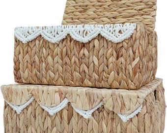 Water Hyacinth Storage Basket Set with Lids, Woven Organizer