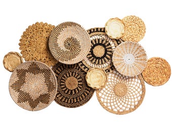 Set of 12 Boho Wicker Basket Wall Decor Set: Rustic Woven Hangings