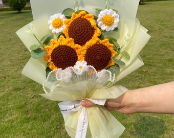 Handmade Crochet Sunflower Bouquet, Knitted Daisy Flowers, Home Decor