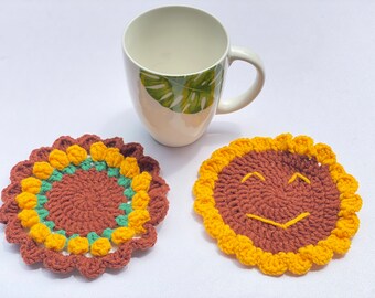 Handmade Crochet Coaster Set: Brown Flower Face Cotton Coasters