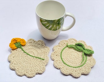 Handmade Crochet Flower Coaster Set, Cotton Decor