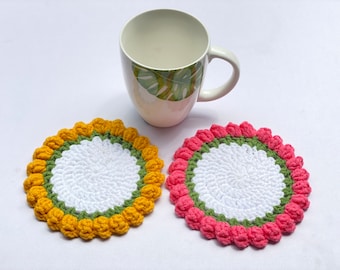 Personalized Crochet Coaster Set with Basket Holder, Flower Design
