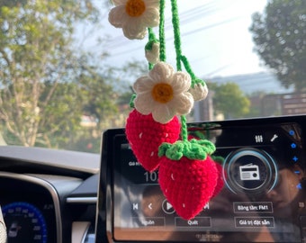 Crochet Strawberry Car Charm | Handmade Flower Rear View Mirror Accessory