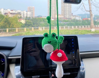 Crochet Frog & Mushroom Car Hanging: Knitted Rear View Mirror Accessory
